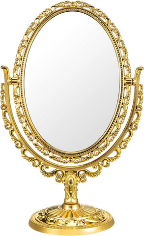 Oxavio Vintage Desk Vanity Mirror – Golden Adjustable Two-Sided Oval Swivel Makeup Mirror for Bathroom