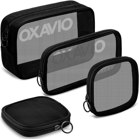 Oxavio 4-Piece Mesh Makeup Bag Set - Black (Small, Medium, Large)